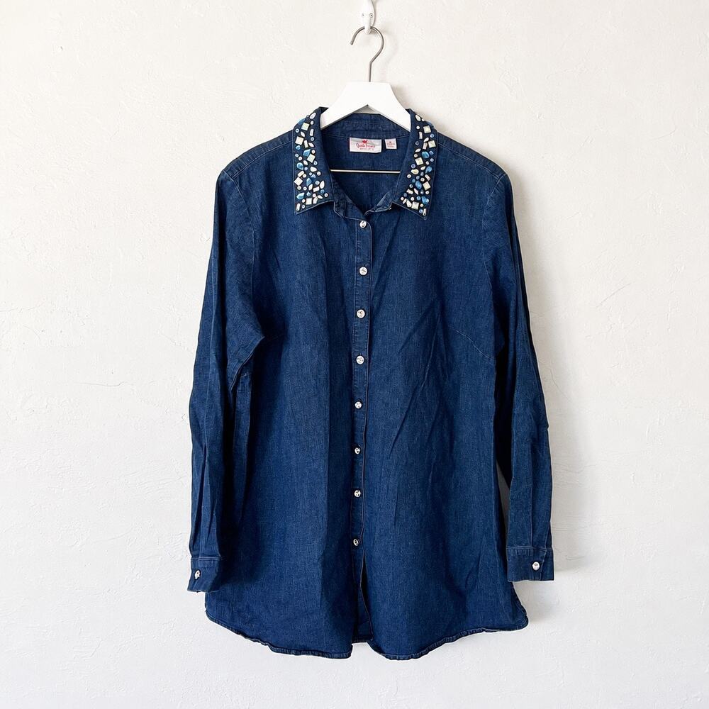Quacker Factory XL Denim Shirt Jeweled Rhinestone Collar Y2K Maximalist Bling